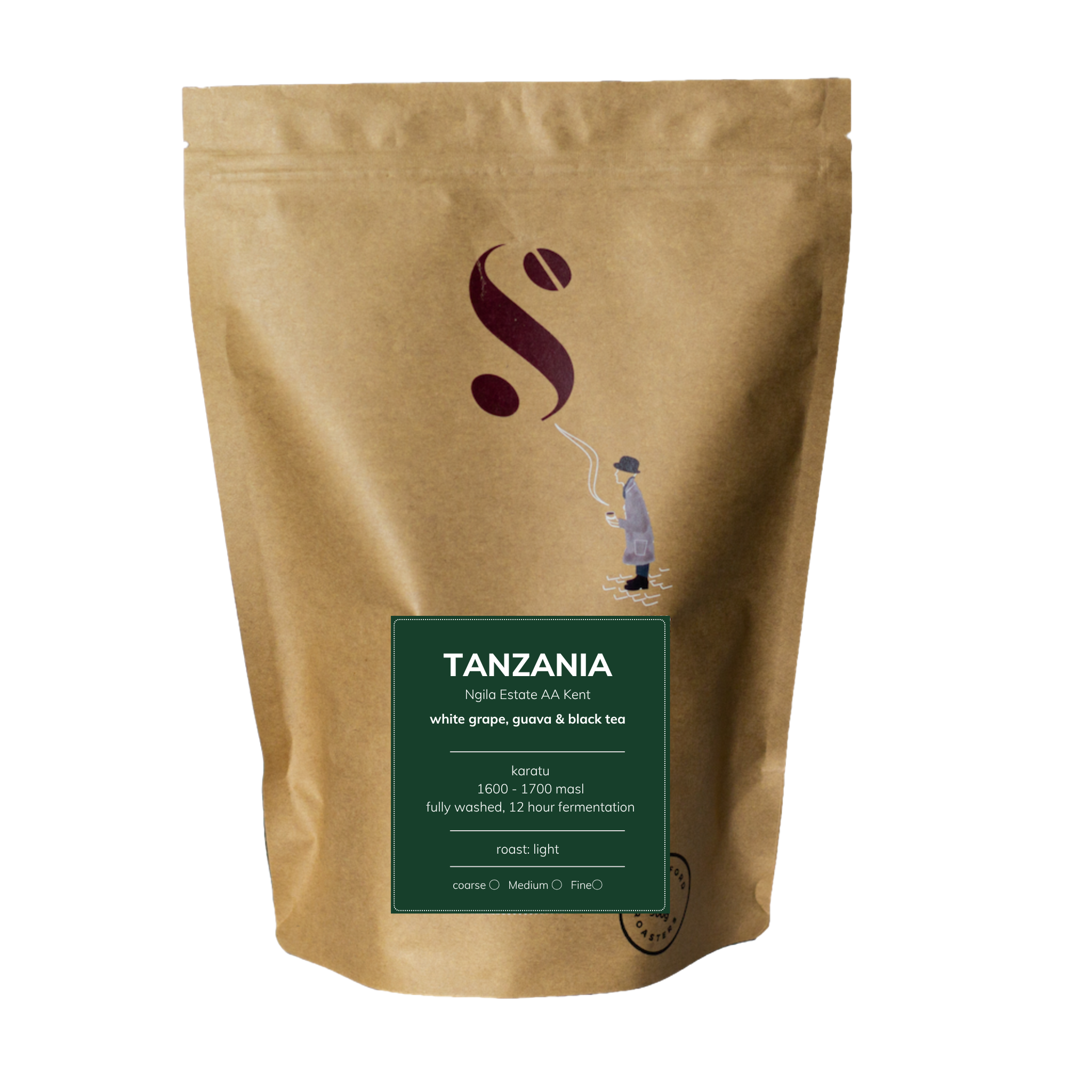 A stand-up kraft paper pouch of Tanzania tea with a dark green label showing white text and a small illustration of a figure smoking a pipe, on a plain white background.
