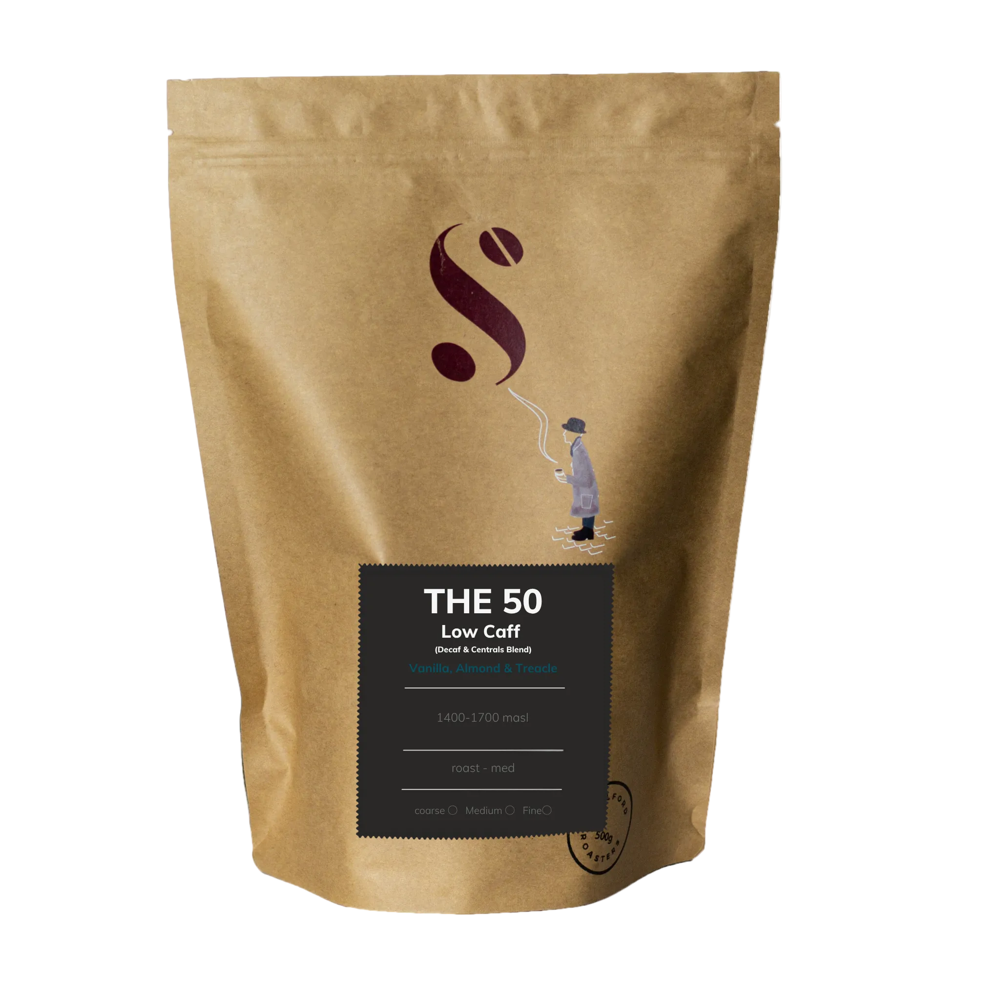 Brown coffee bag with 'S' logo and text on a white background